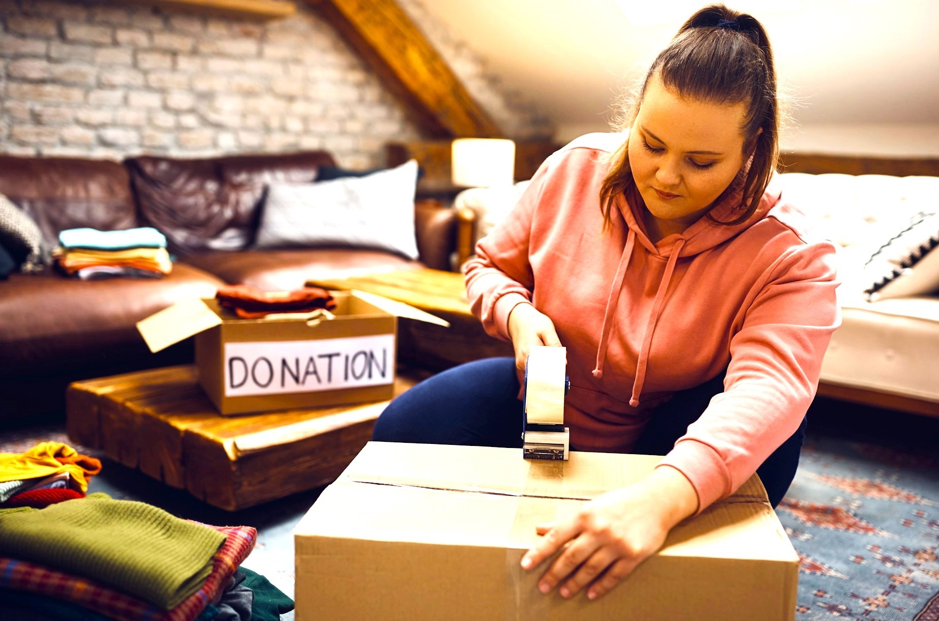 young woman sealing a box of donated items. Getty Images via Unsplash