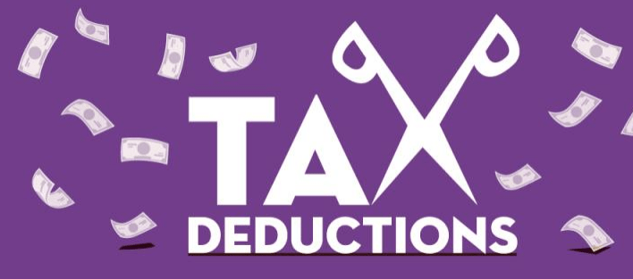 Tax deductions graphic featuring large text "TAX DEDUCTIONS" with scissors cutting through it, surrounded by floating dollar bills, all on a purple background.