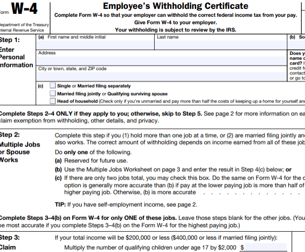 Form W-4, Employee's Withholding Certificate, for accurate income tax withholding. Includes sections for personal information, multiple jobs, and deductions.