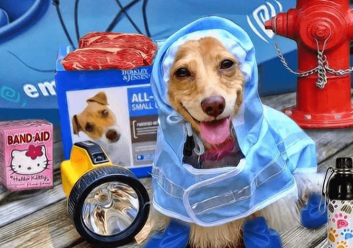 Dog in a blue raincoat and boots smiles amidst pet supplies, a flashlight, a water bottle, and a fire hydrant, highlighting pet safety and care.
