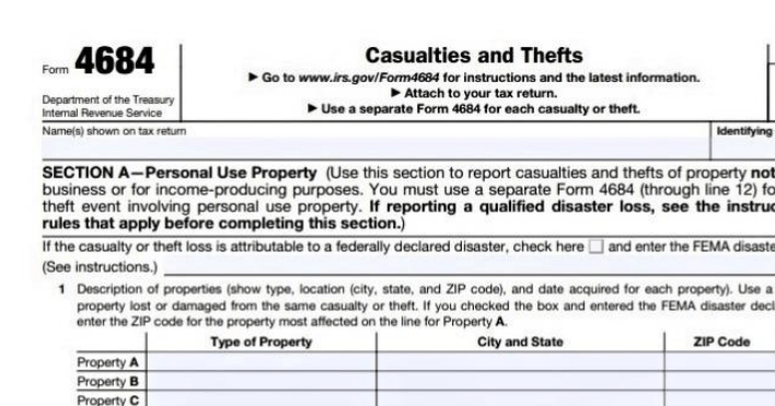 IRS Form 4684 outlines reporting procedures for casualties and thefts of personal property for tax purposes, including sections for property details.