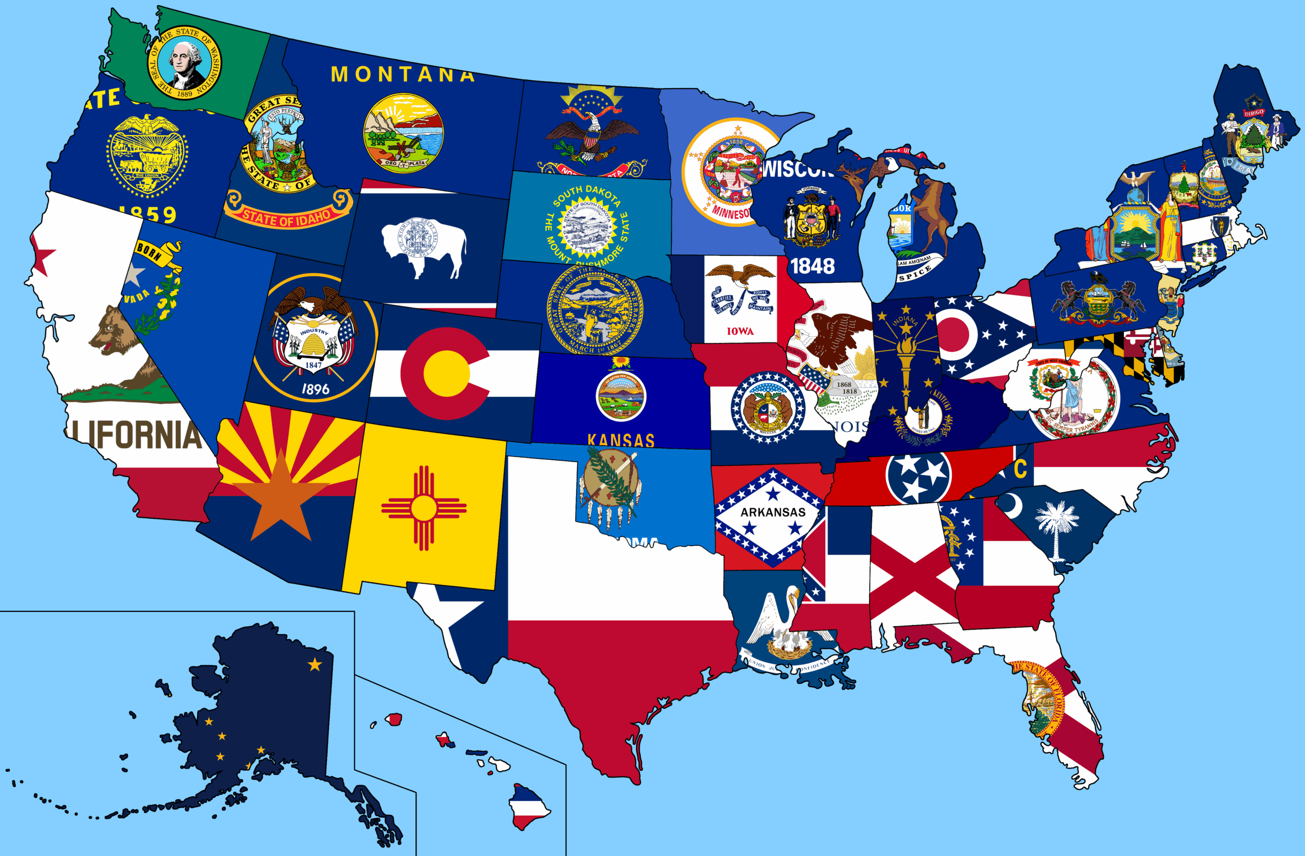 Map of the United States highlighted with state flags, illustrating regional identities and their symbolism. Useful for geography and civic education.
