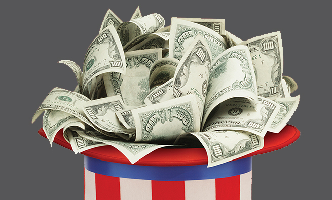 money overflowing upturned Uncle Sam hat
